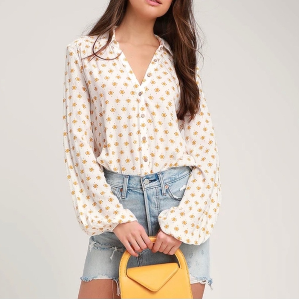 Free People Willow White and Yellow Floral Women's Long-Sleeve Bodysuit